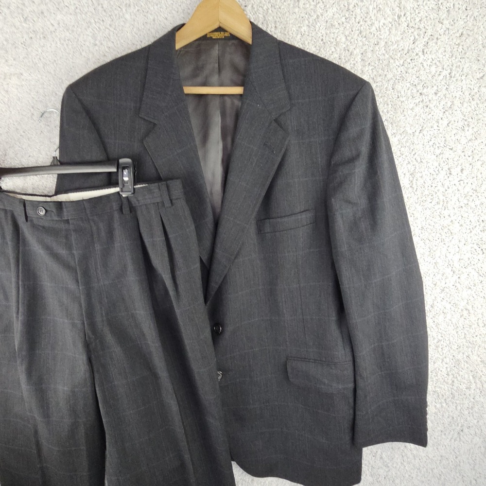 Vintage Evan Picone Wool Blazer 46L & Pants 36x27 Made In USA Blue Windowpane